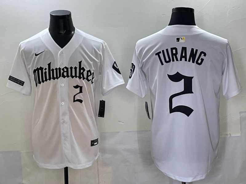 Men 2025 Milwaukee Brewers #2 Turang White Five generations Joint Name Nike MLB Jersey style 5->milwaukee brewers->MLB Jersey